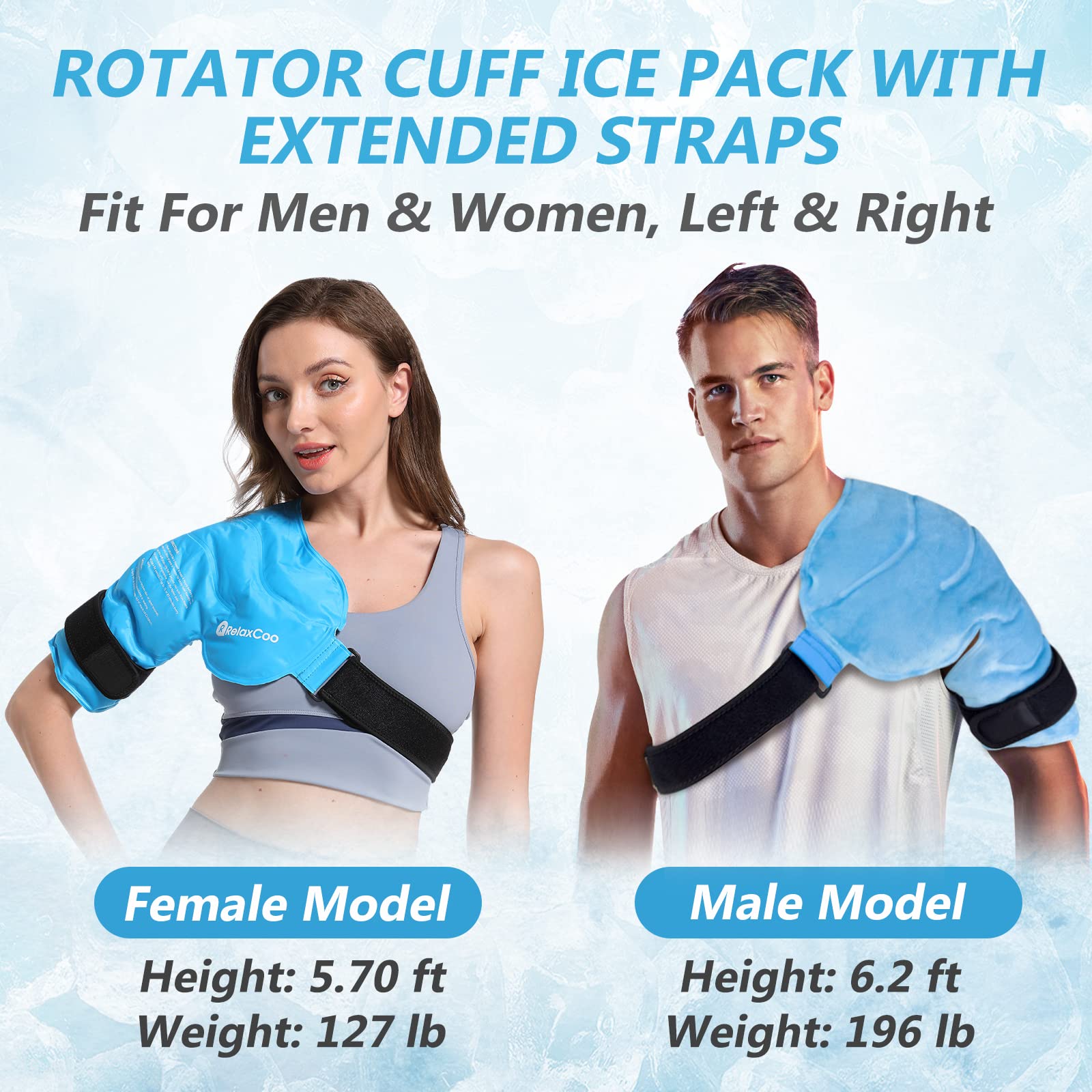 Model wearing RelaxCoo shoulder ice pack for pain relief