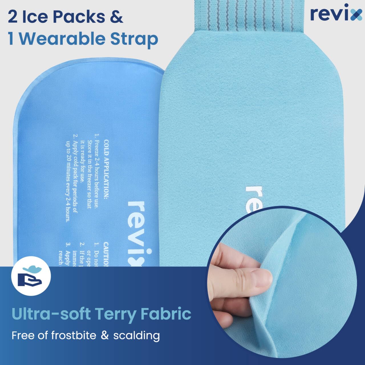 Two Revix blue gel packs with washable fabric covers