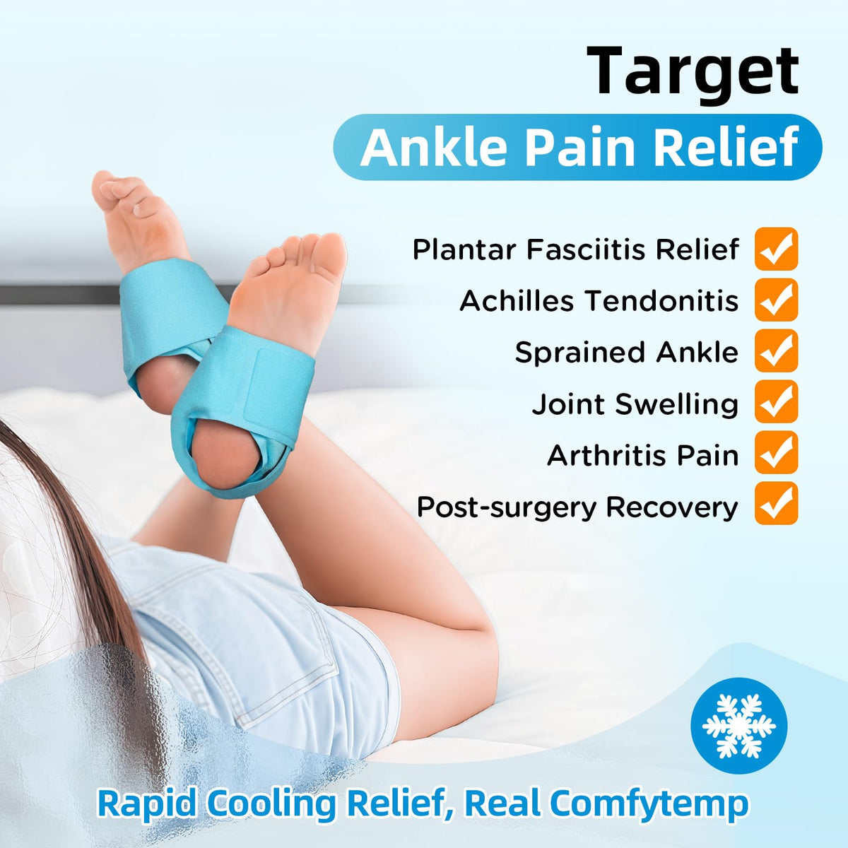 Comfytemp ice pack wrapped around a foot for pain relief