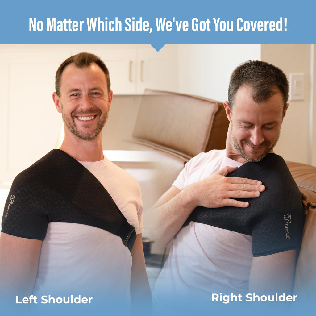 Person wearing TheraICE ice pack wrap on right shoulder