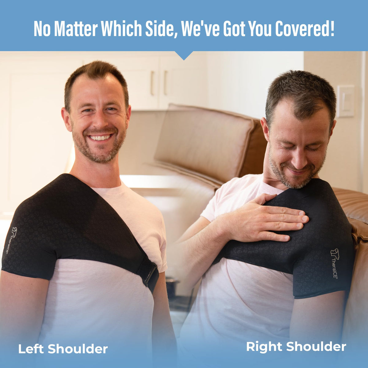 Person wearing TheraICE ice pack wrap on right shoulder