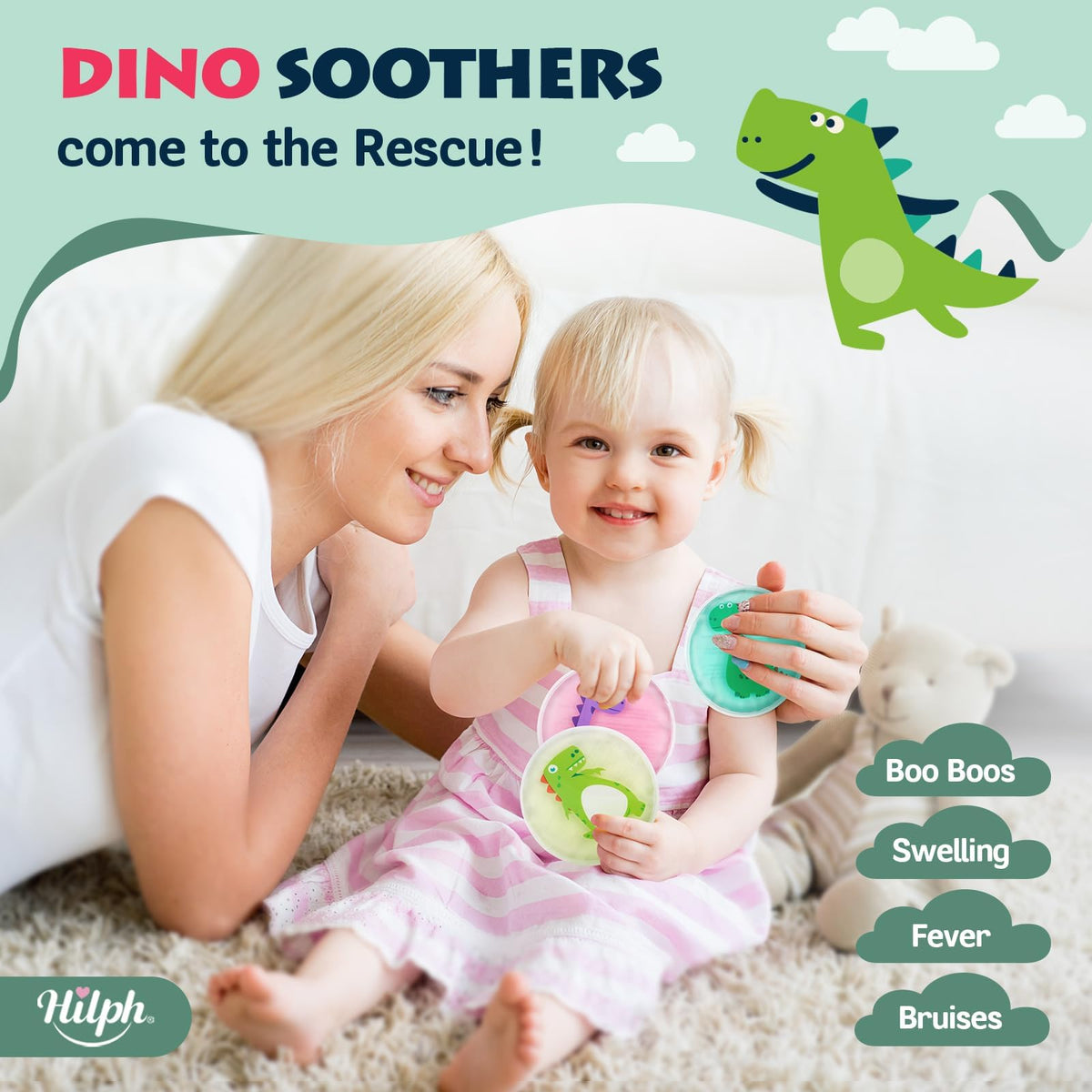Three reusable gel dinosaur ice packs for toddler boo boos