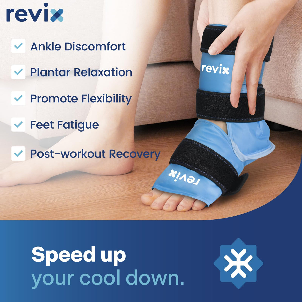 Person wearing Revix ankle ice pack for foot injury recovery