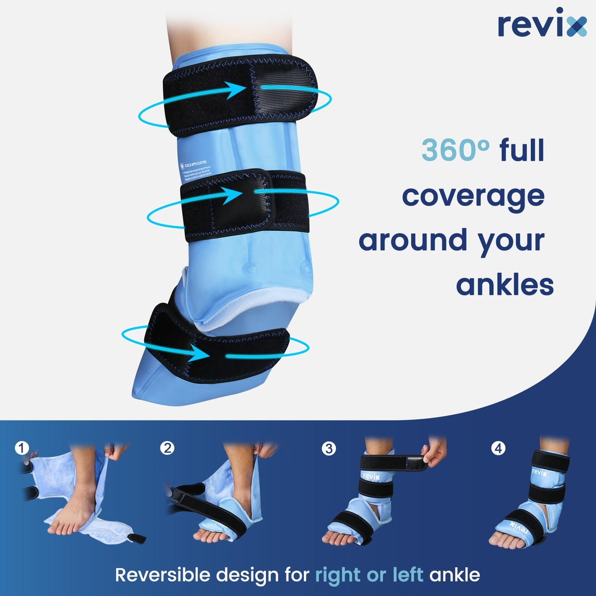 Revix foot ice pack shown with storage bag for freezer use