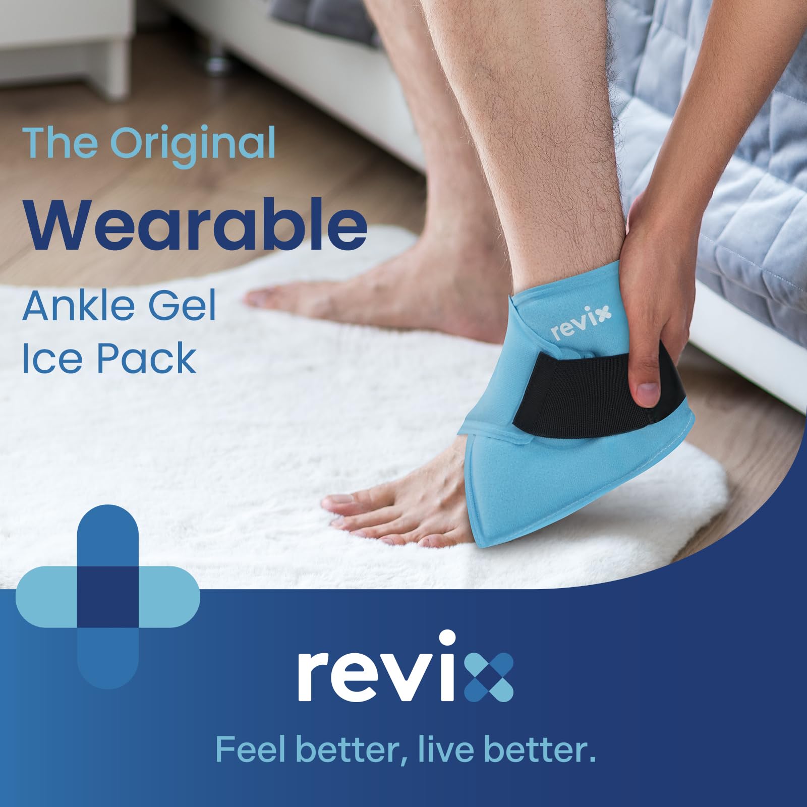 Revix gel cold compression wrap secured on ankle