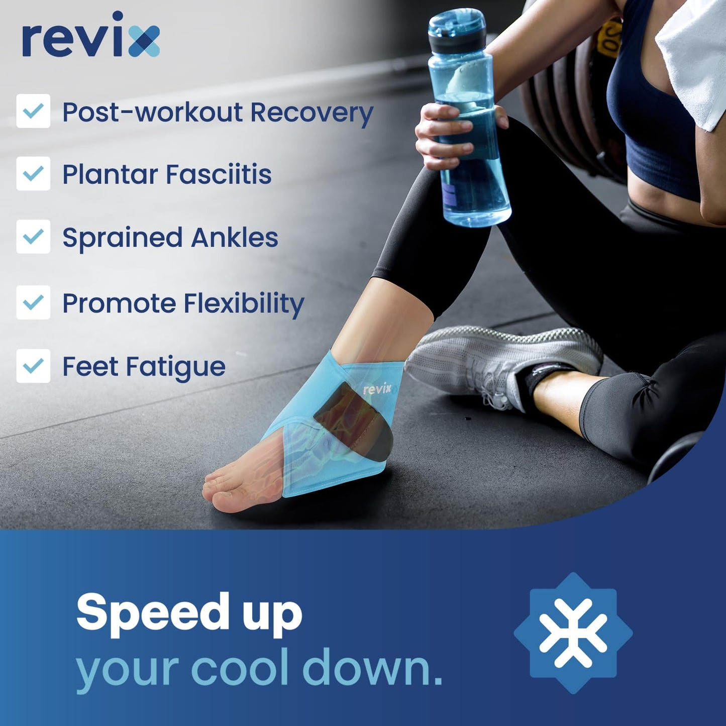 Side profile of Revix ankle ice wrap showing adjustable strap