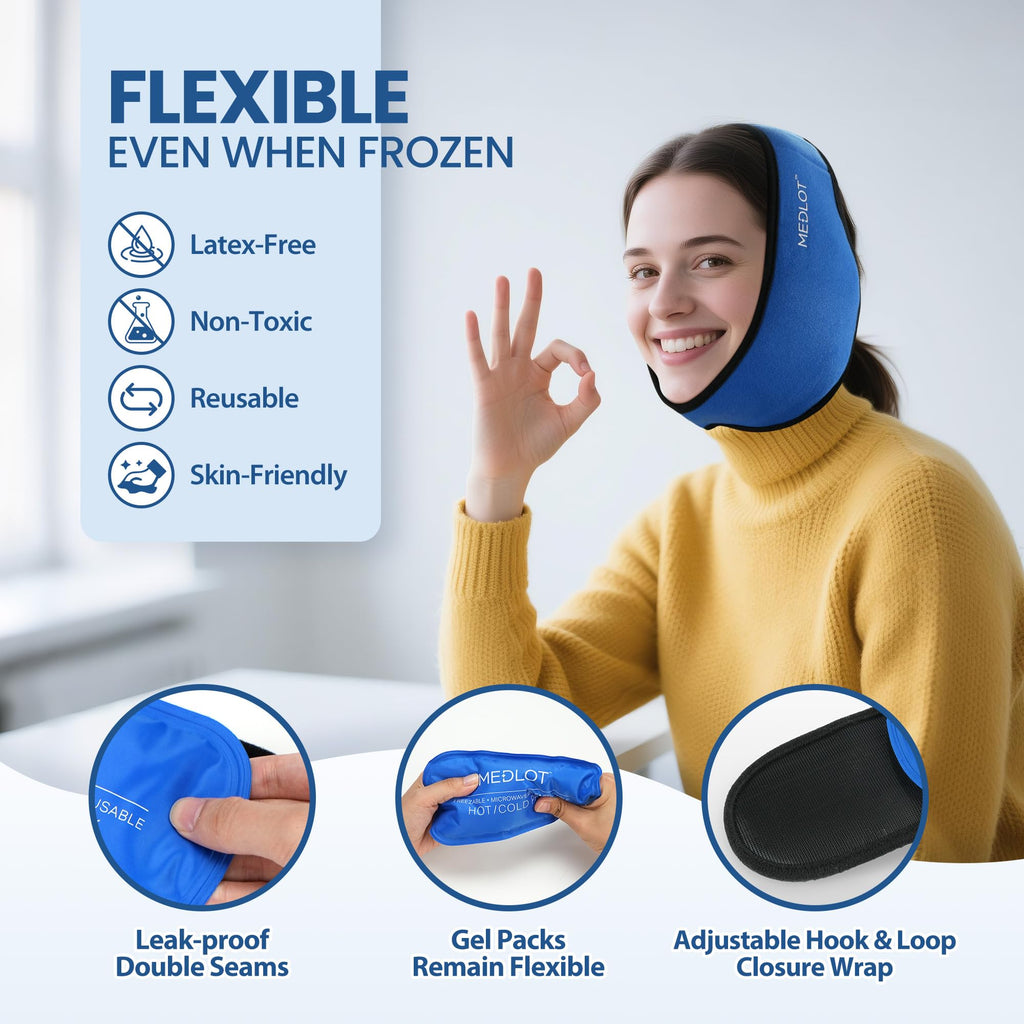 Side view of LotFancy hands-free cold therapy jaw wrap