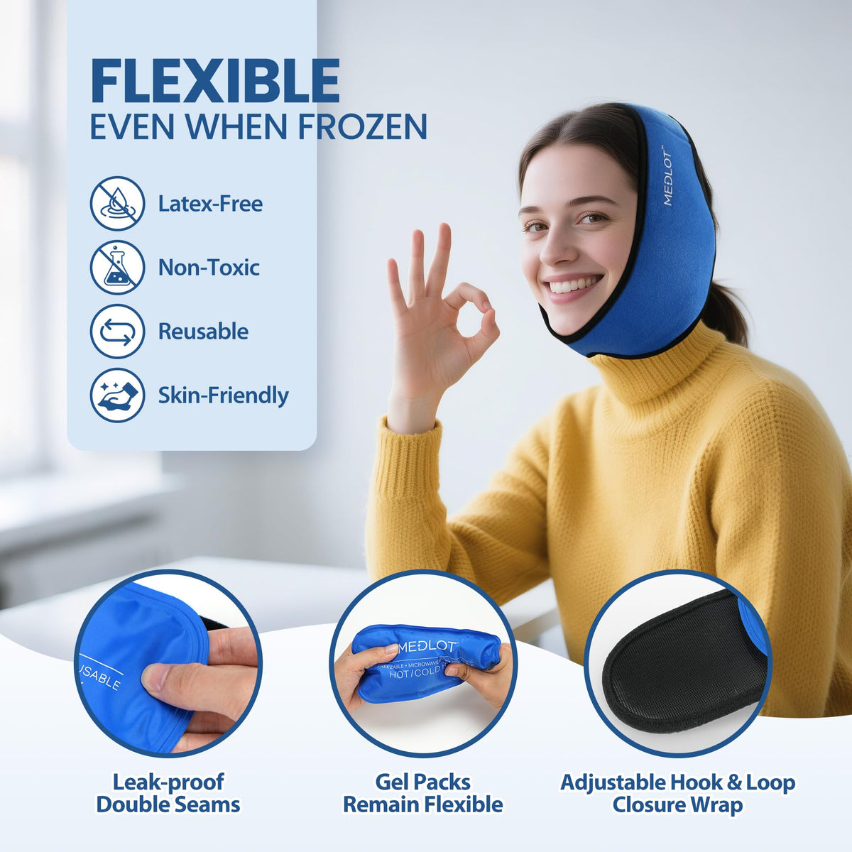 Side view of LotFancy hands-free cold therapy jaw wrap