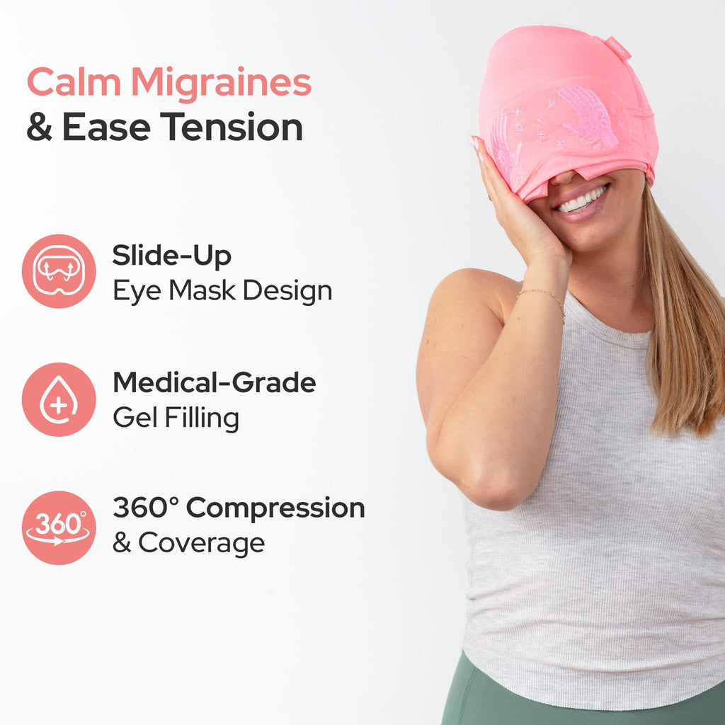 Person wearing Soothefy migraine cap with eye mask slid up
