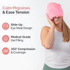 Person wearing Soothefy migraine cap with eye mask slid up