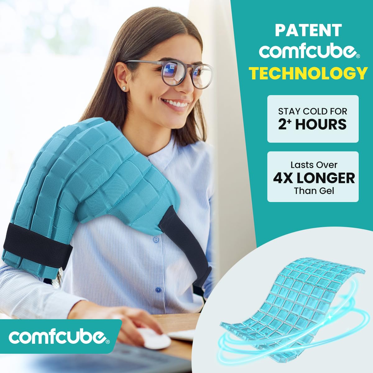 Comfcube shoulder wrap showing adjustable velcro strap mechanism