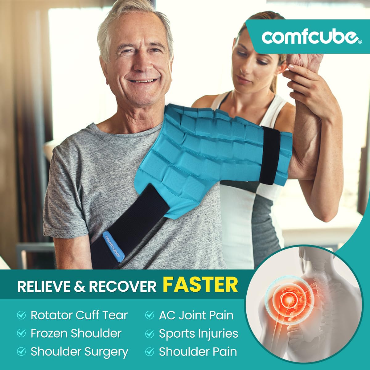 Person wearing comfcube shoulder ice pack for pain management
