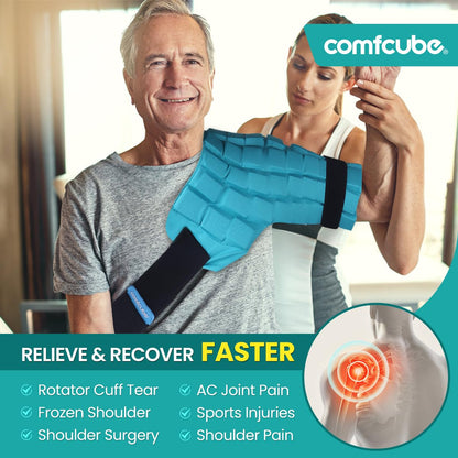 Person wearing comfcube shoulder ice pack for pain management