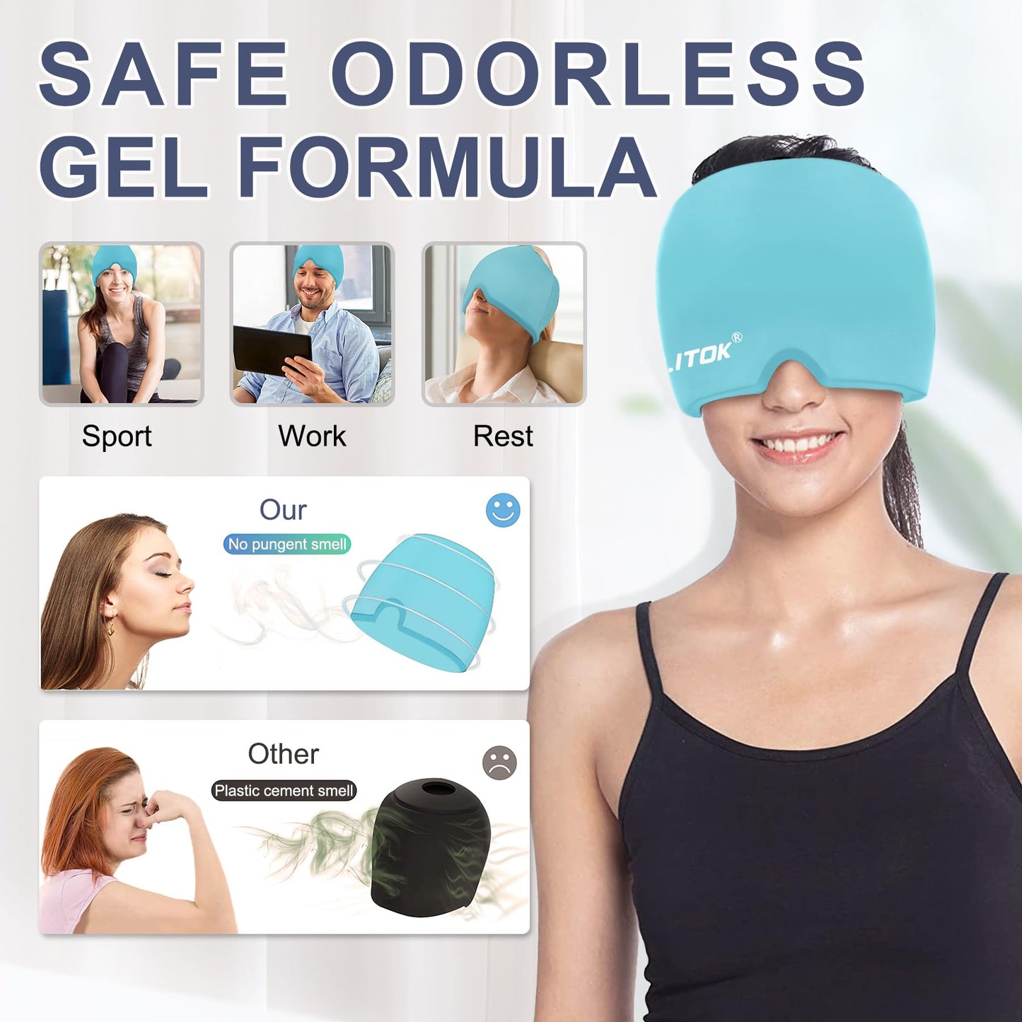 Person wearing Exquislife migraine relief cap for sinus pressure