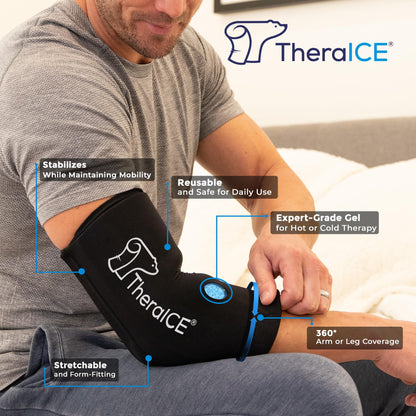 TheraICE Rx gel sleeve being applied to an elbow for pain relief