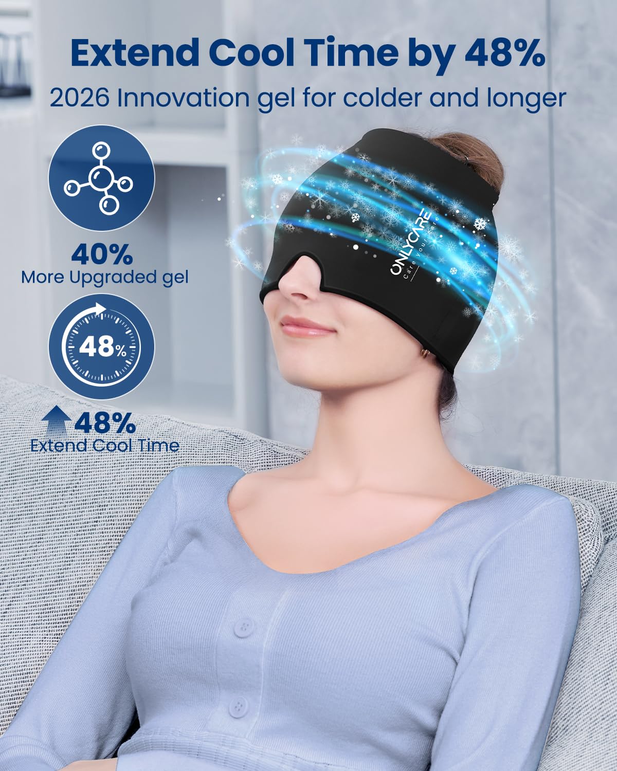 Person wearing Onlycare migraine cap as a blackout eye mask