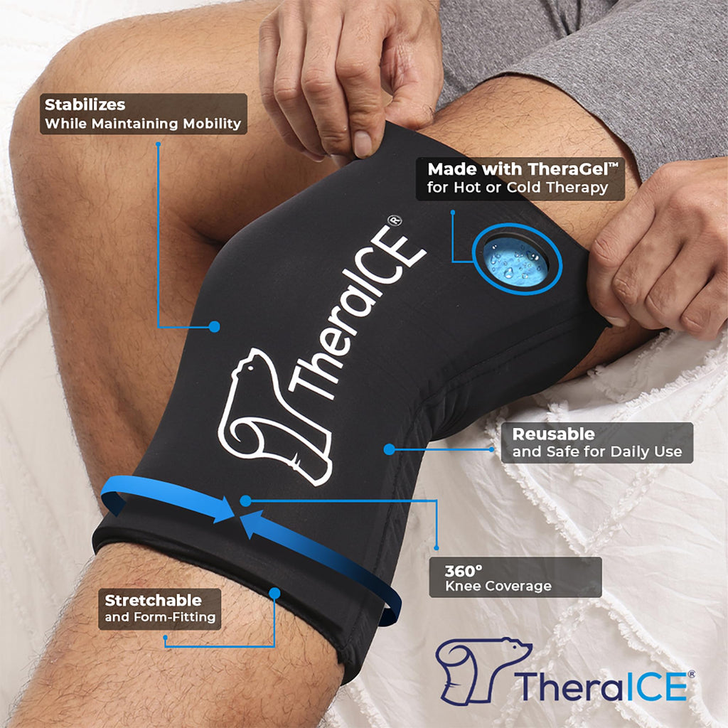 TheraICE Rx gel sleeve showing 360 degree coverage on a knee
