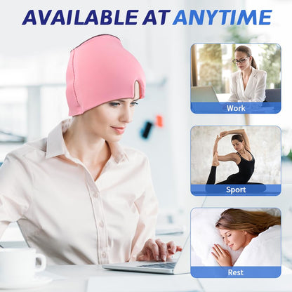 Side view of person wearing Conbella hot and cold therapy cap