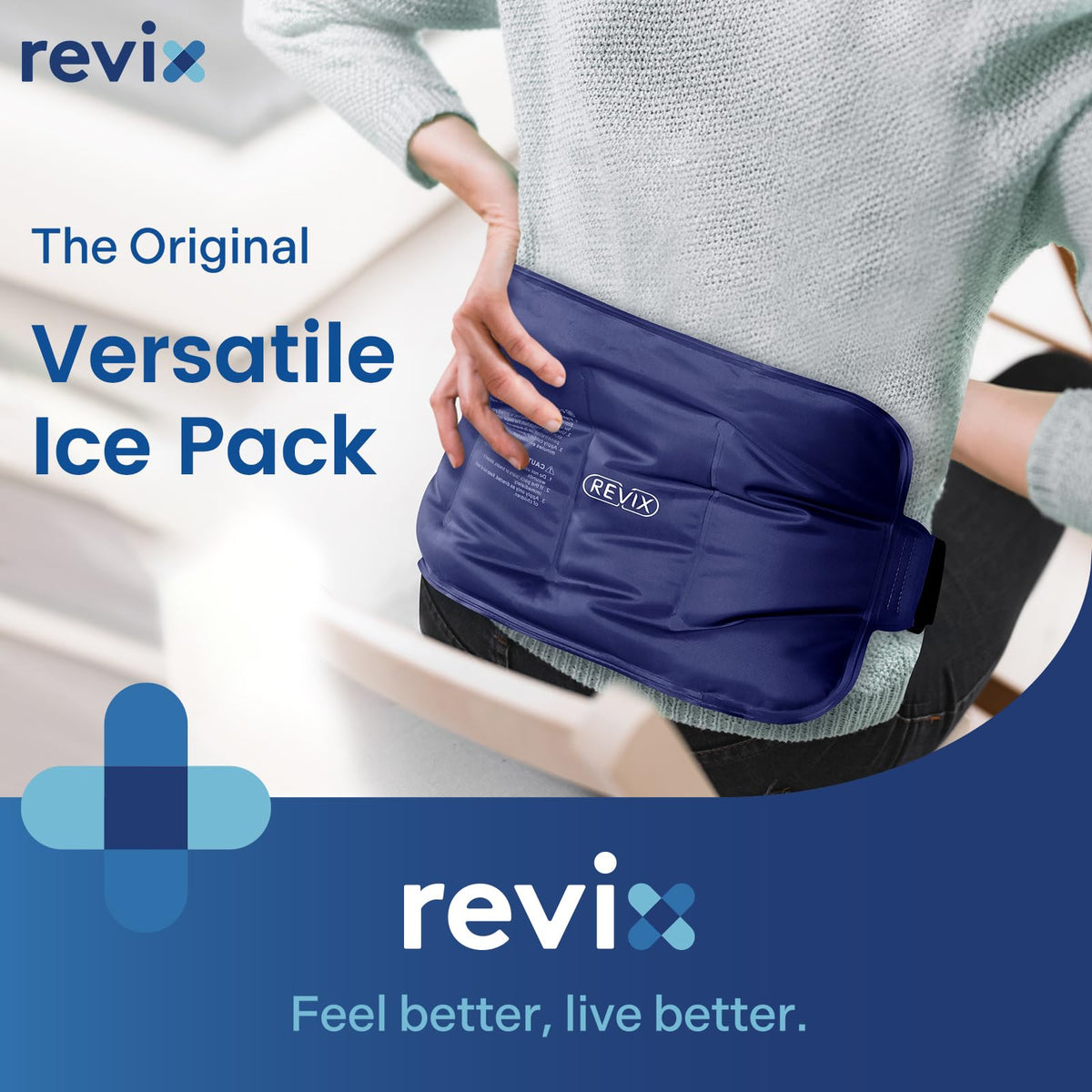 Revix cold pack showing secure wrap around knee design