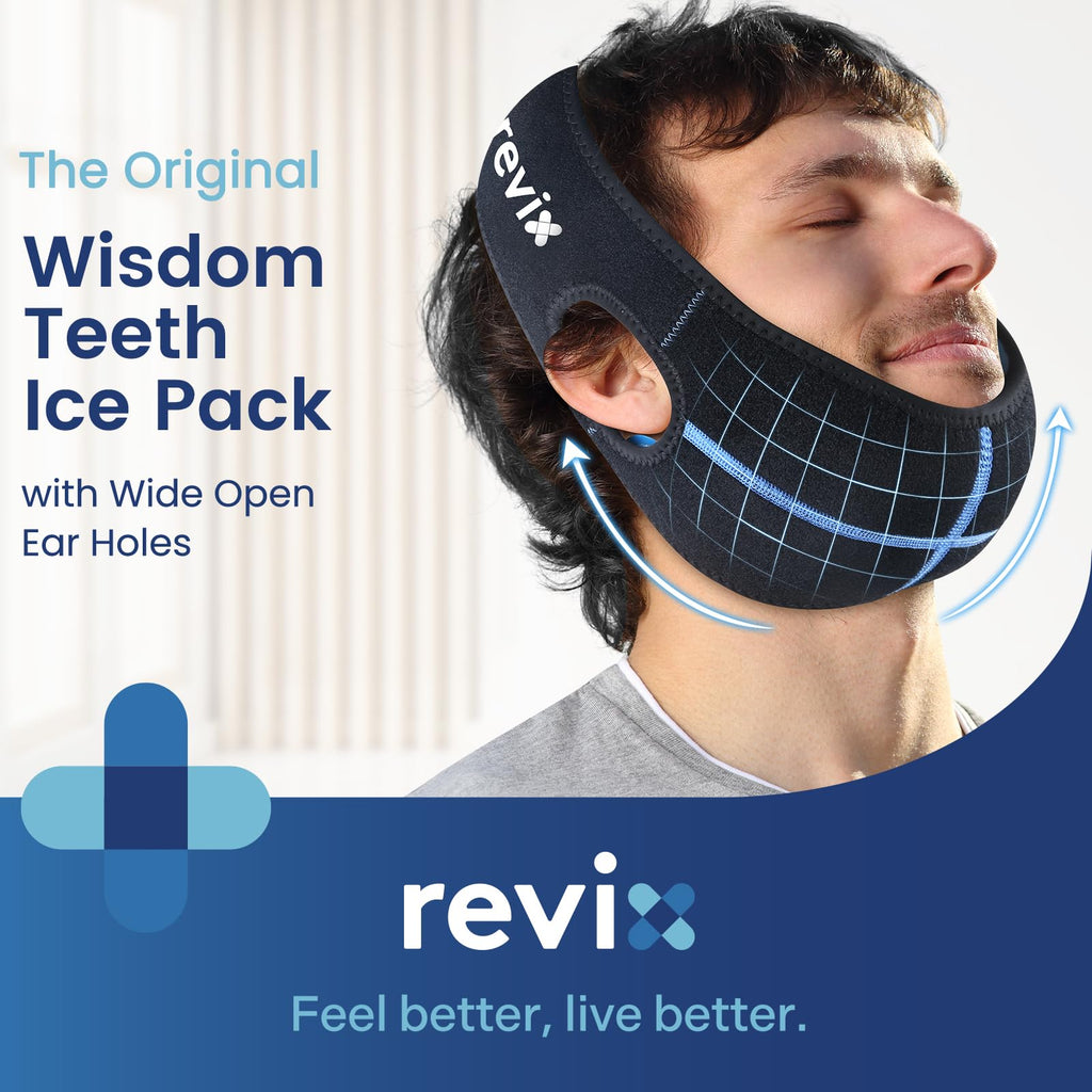 Revix 3D sewing jaw ice pack showing adjustable strap details
