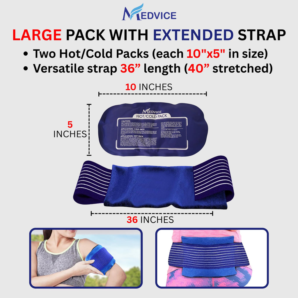 Medvice gel ice pack applied to a knee with adjustable strap