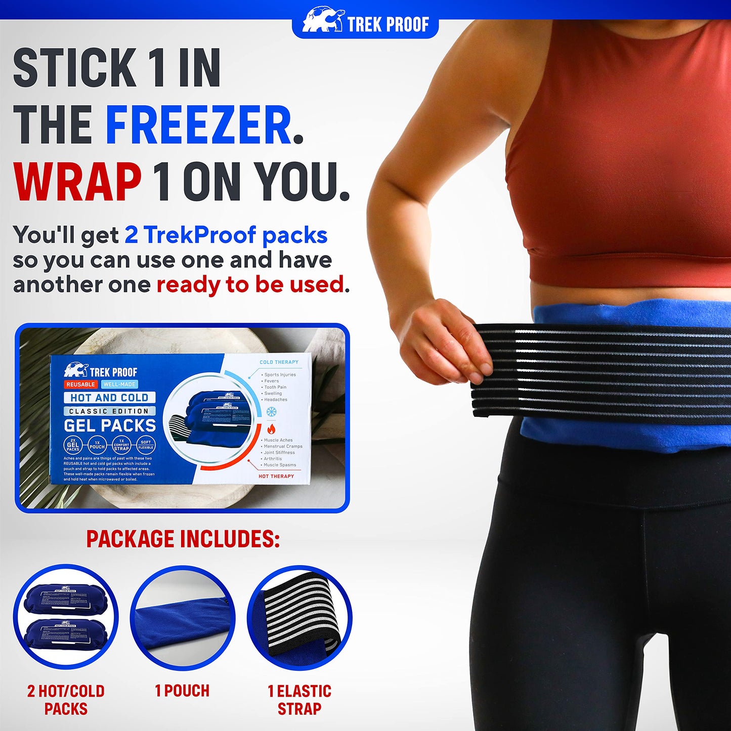 TrekProof ice pack secured on a person's knee