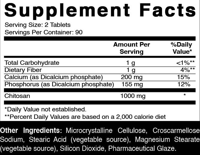 Oxify Chitosan 180 tablets packaging highlighting the gluten-free and non-GMO certification labels.