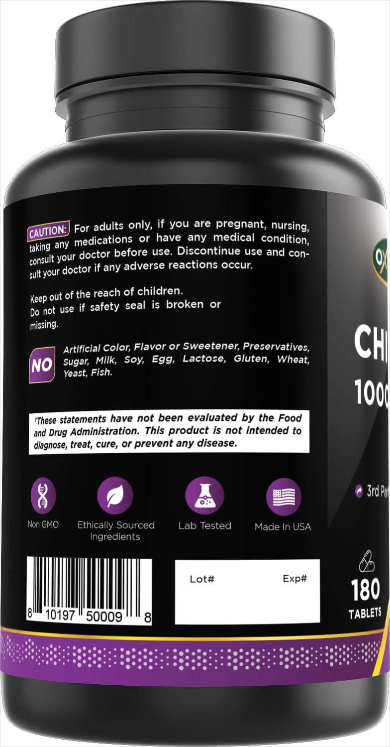 Authentic Oxify Chitosan health supplement bottle displaying the 180 tablets total count.