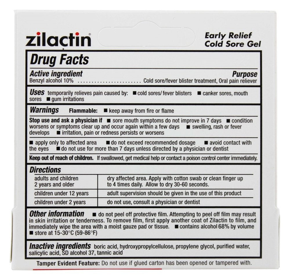 Close up of the zero point two five ounce tube of Zilactin bioadhesive formula for fever blisters.