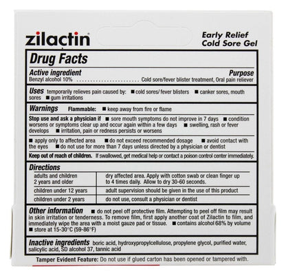 Close up of the zero point two five ounce tube of Zilactin bioadhesive formula for fever blisters.