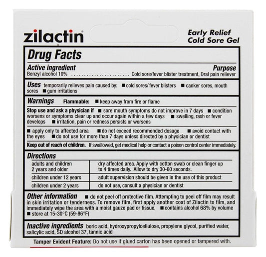 Close up of the zero point two five ounce tube of Zilactin bioadhesive formula for fever blisters.