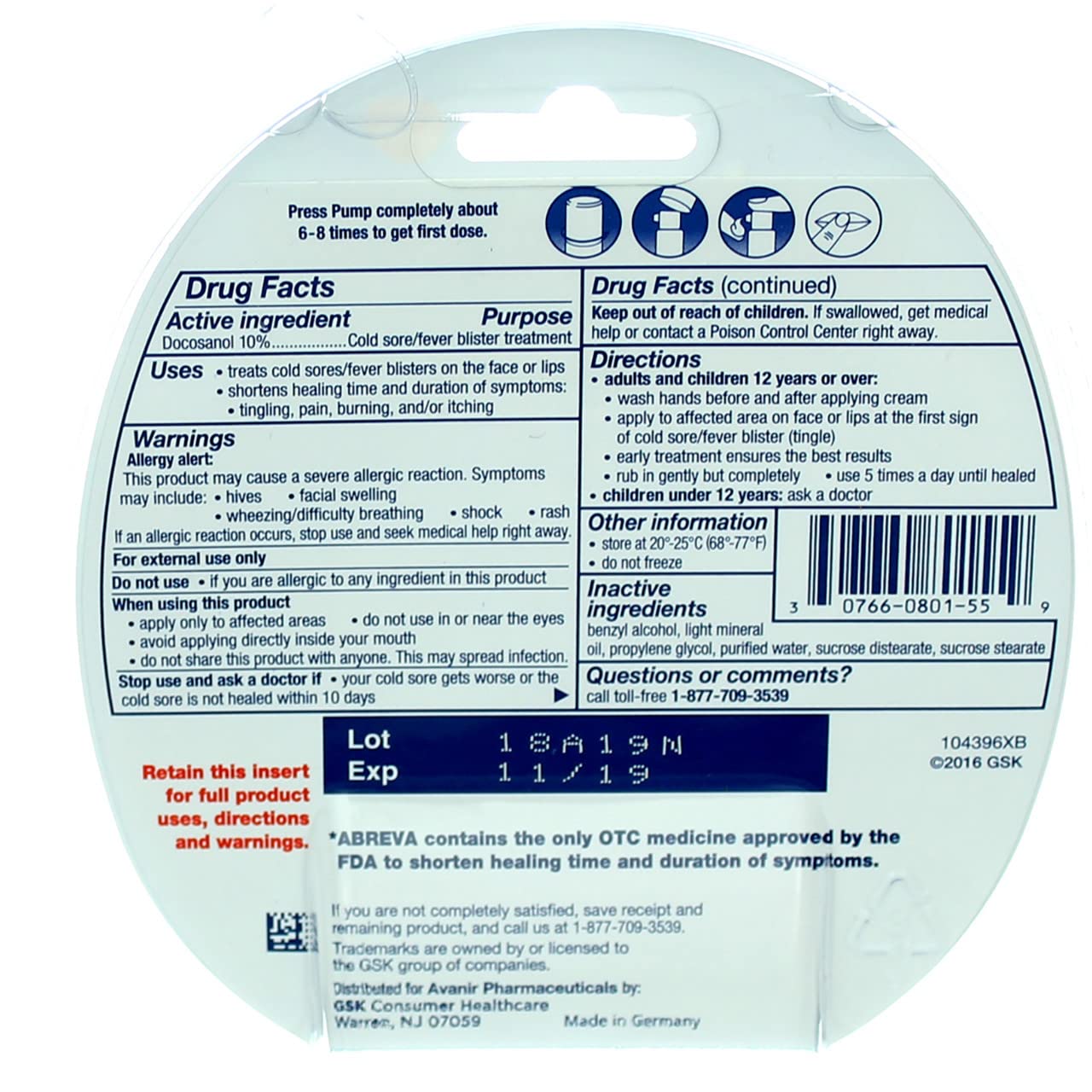Abreva docosanol ten percent medicated cream pump container