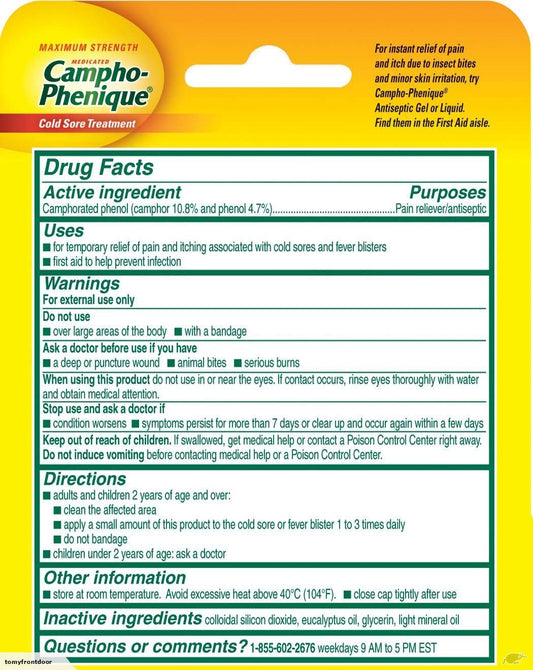 Campho-Phenique maximum strength fever blister medicated gel tube with aloe overview.