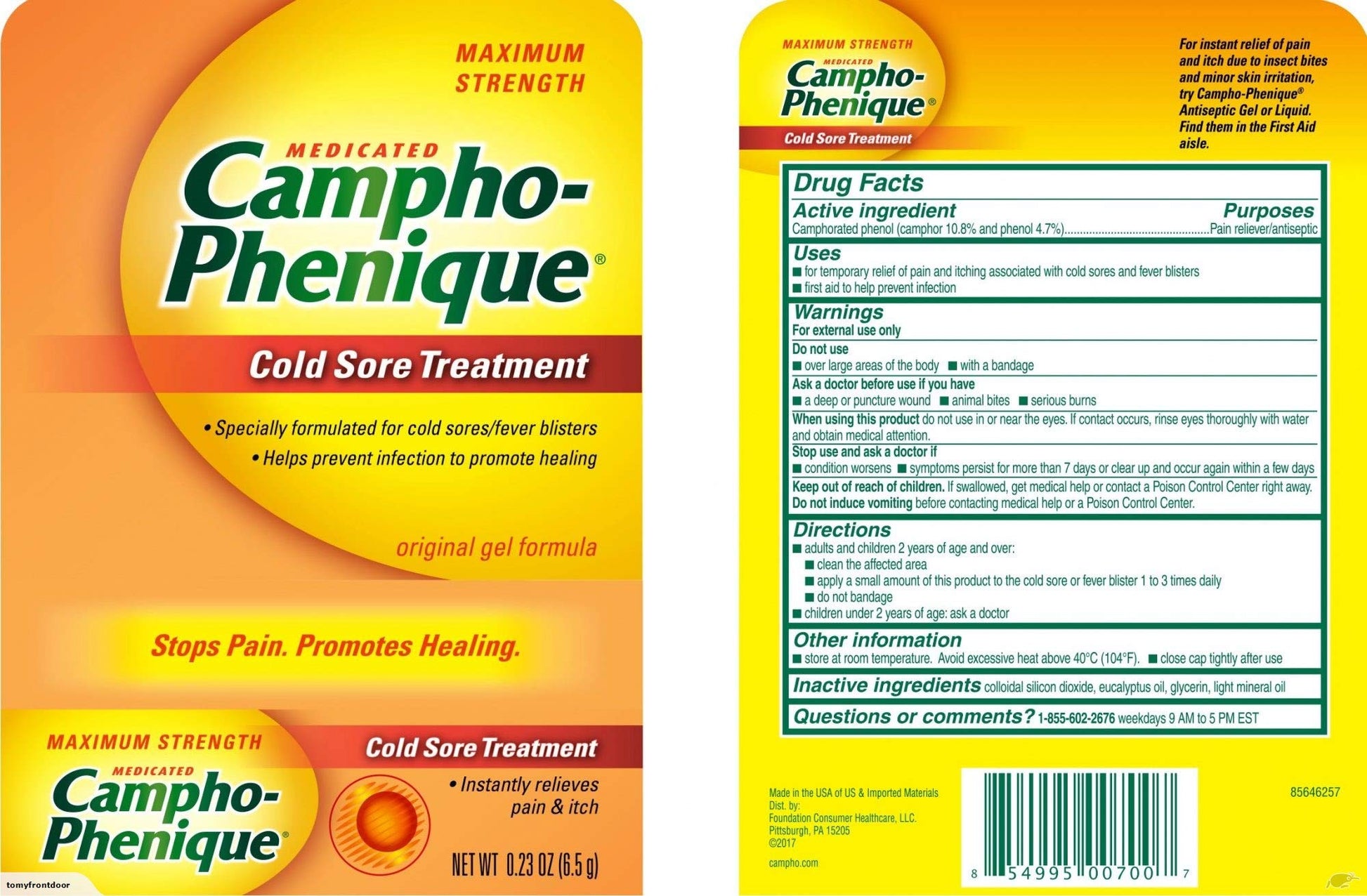 USA imported Campho-Phenique antiseptic and pain relieving gel application instructions label view.
