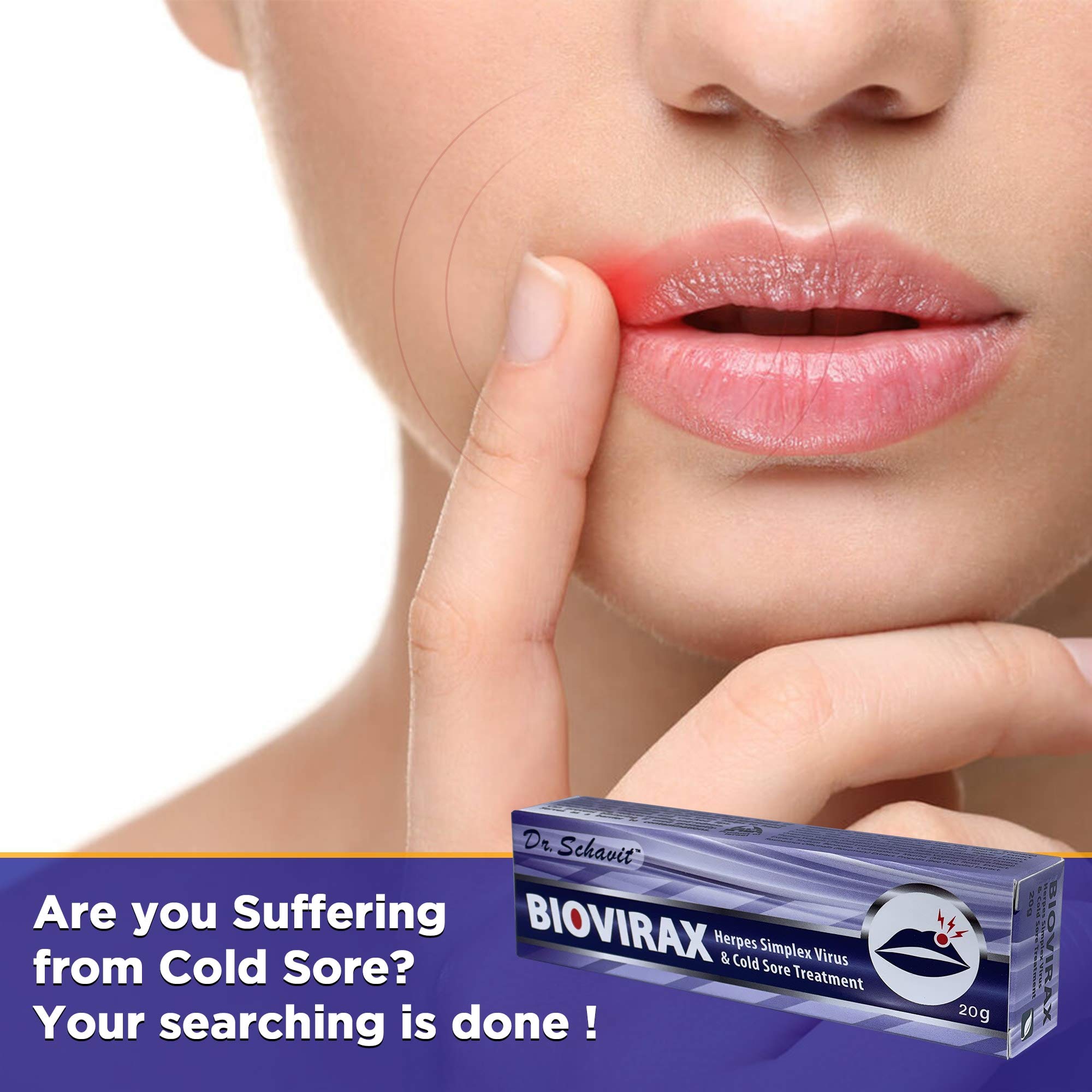 Dr. Schavit BioVirax herbal lip cream tube showing application instructions for cold sores.