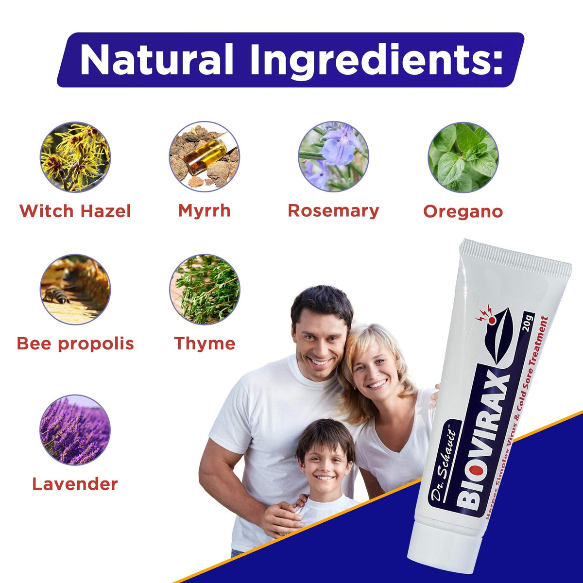 Dr. Schavit BioVirax 20 mg packaging highlighting natural ingredients like propolis and tea tree oil.