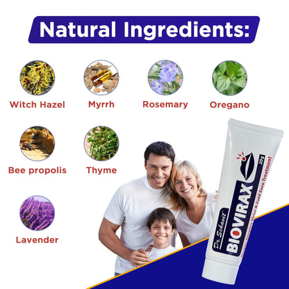Dr. Schavit BioVirax 20 mg packaging highlighting natural ingredients like propolis and tea tree oil.
