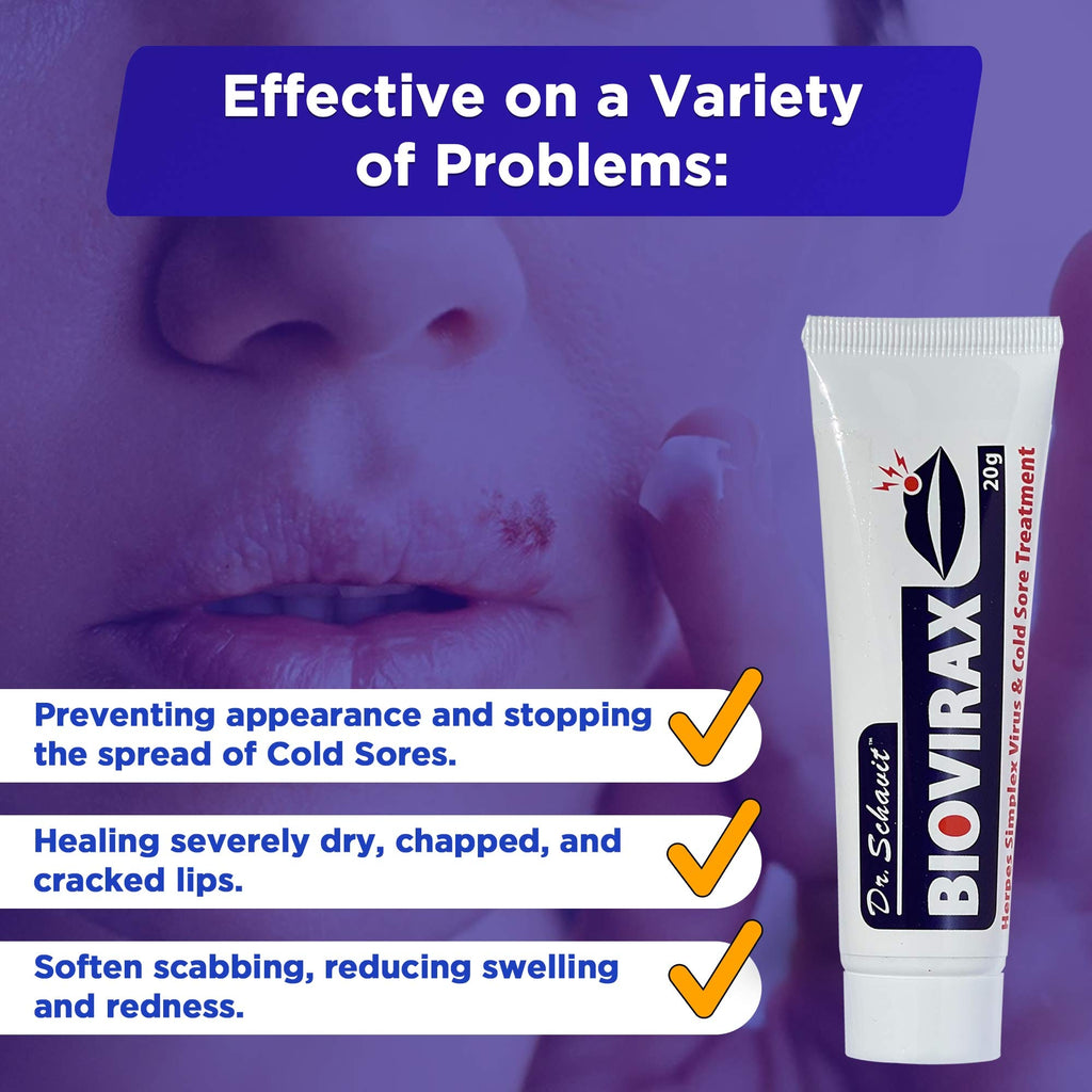 Side view of Dr. Schavit BioVirax cold sore remedy showing the product details and safety warnings.