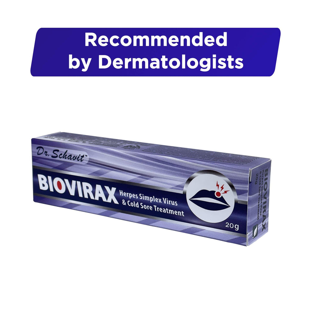 Dr. Schavit BioVirax natural healing cream box detailing the two in one formula for lips.