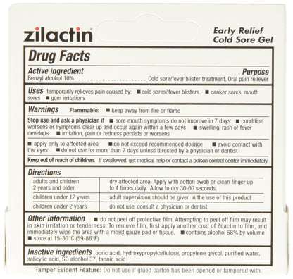 Zilactin Early Relief Medicated Gel tubes showing the zero point two five ounce size.