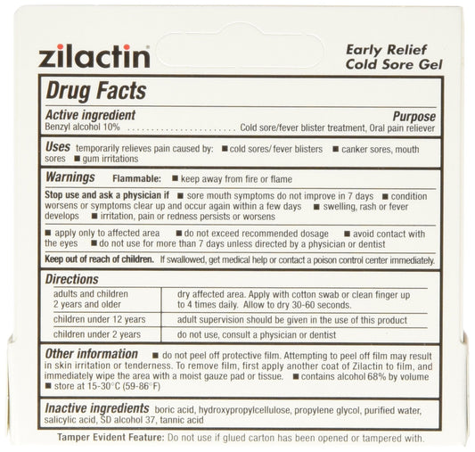 Zilactin Early Relief Medicated Gel tubes showing the zero point two five ounce size.