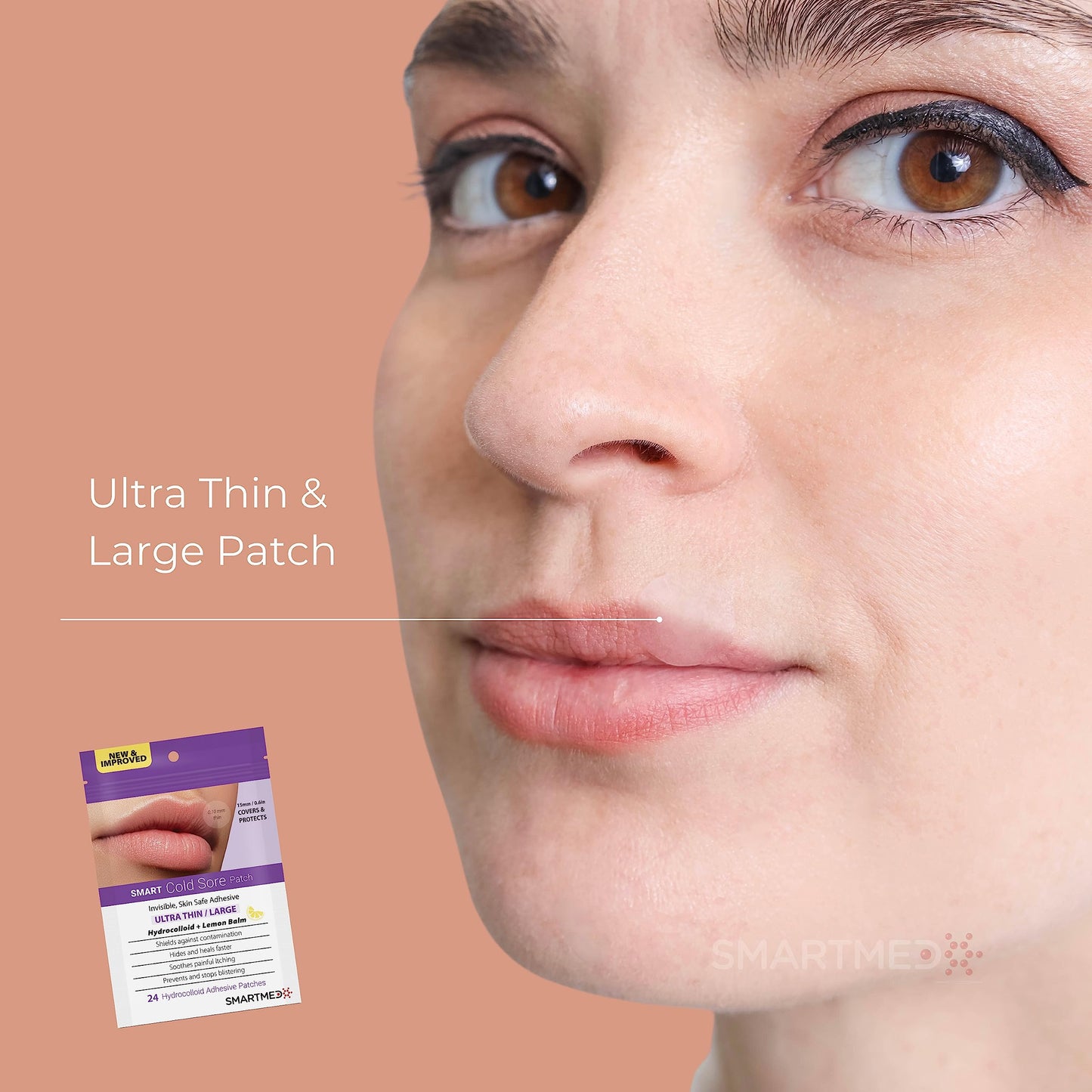 SMARTMED fever blister patch duo pack displaying medical grade hydrocolloid protective backing.