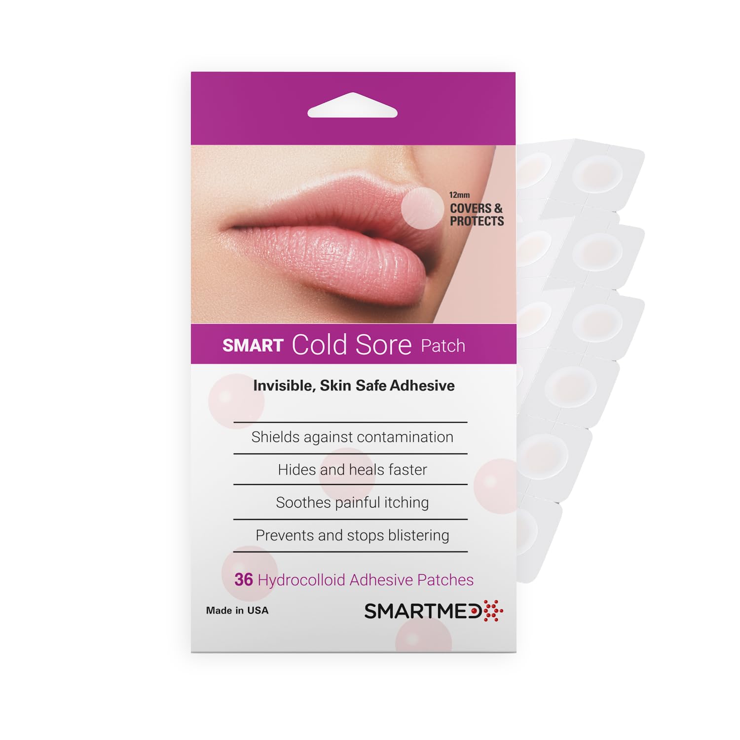 SMARTMED lip sore treatment kit showing easy peel application instructions for seamless coverage.