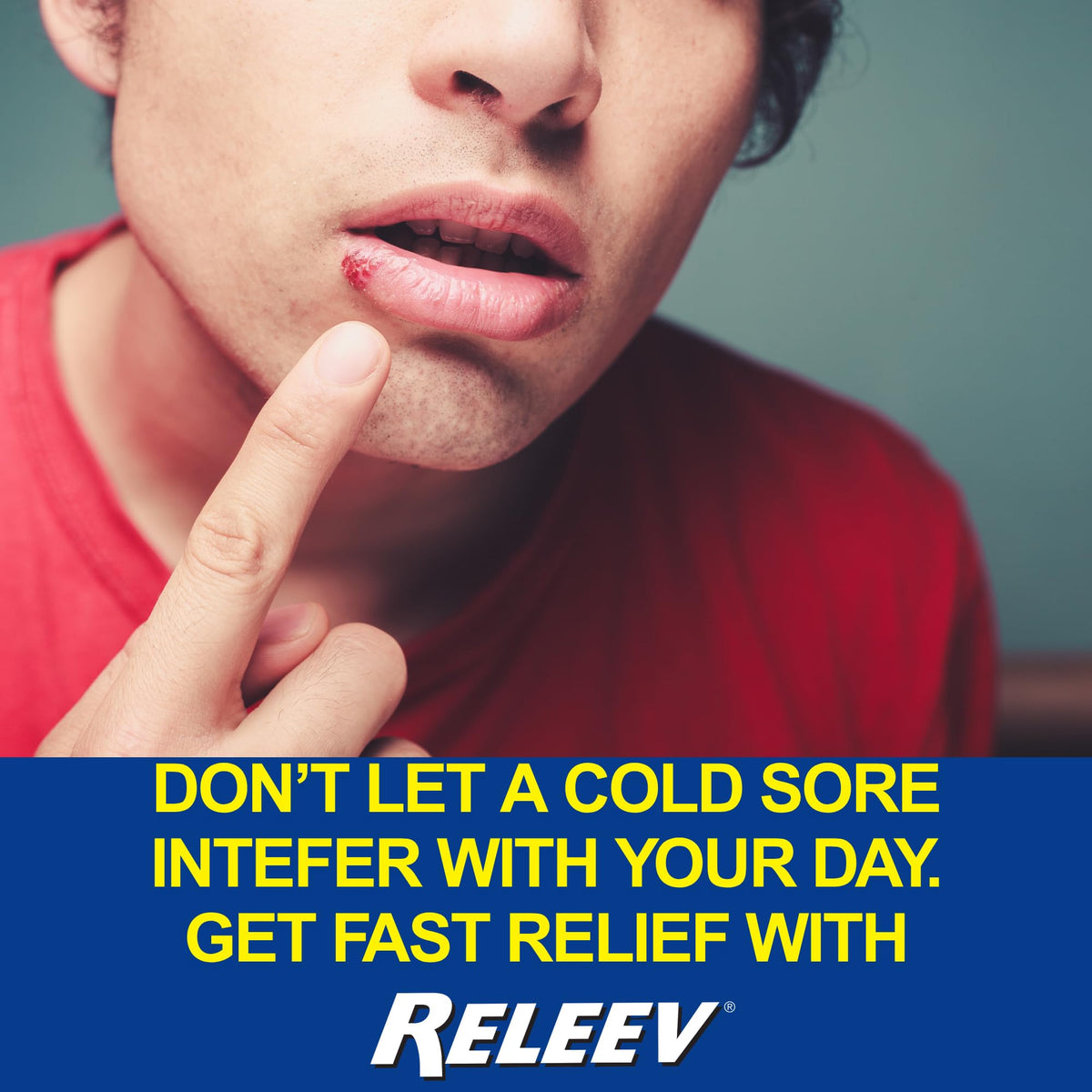 Side view of Releev Cold Sore Relief packaging showing active ingredient details