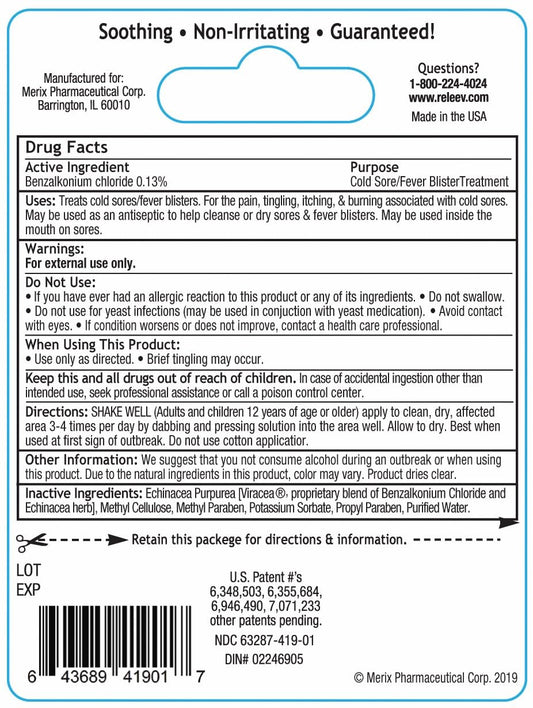 Releev fast acting cold sore liquid topical medication bottle