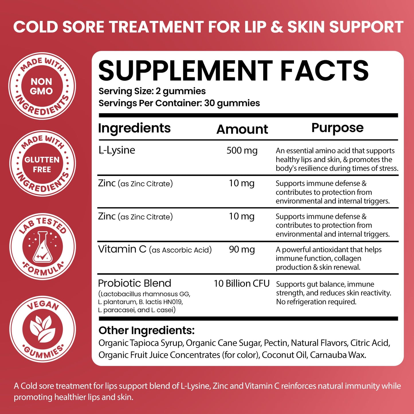 Terramed Just Think Comfort supplement facts panel displaying L-Lysine, Zinc, and Vitamin C dosages.