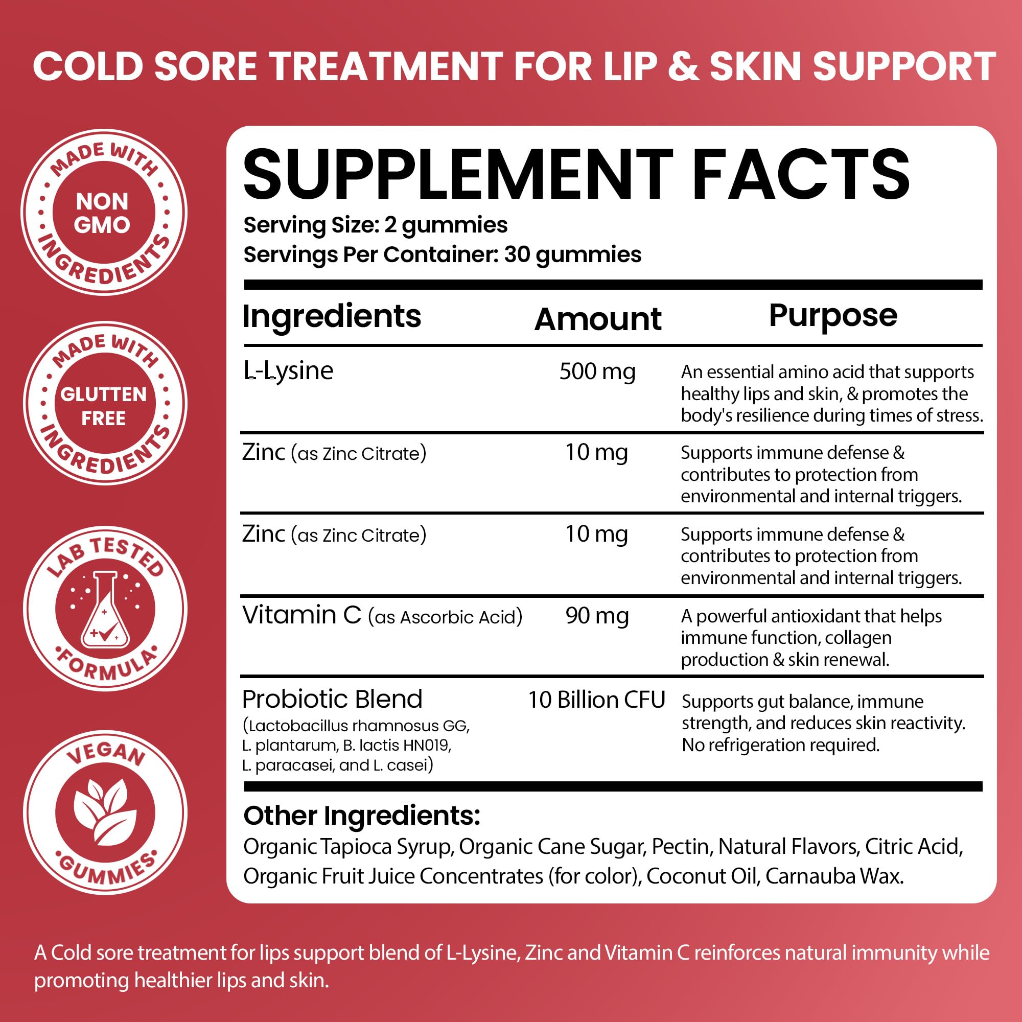 Terramed Just Think Comfort supplement facts panel displaying L-Lysine, Zinc, and Vitamin C dosages.