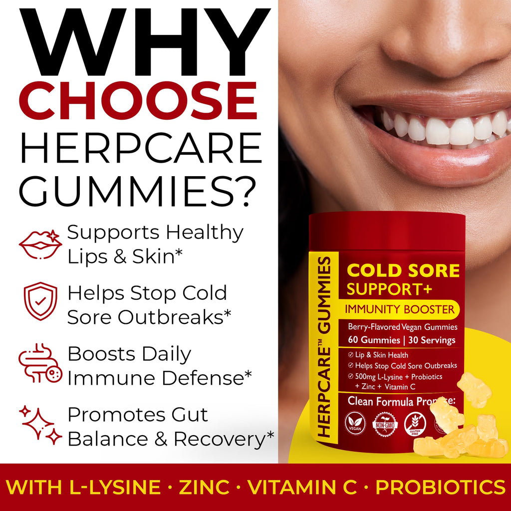 Terramed cold sore gummies lifestyle placement showcasing clean ingredients list.