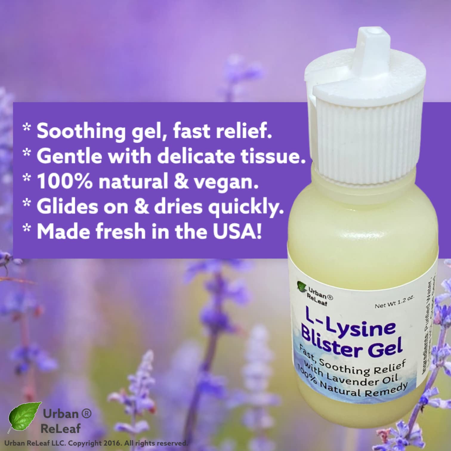 Urban ReLeaf L-Lysine Blister Soothing Gel back label showing product directions and 100 percent natural ingredients.