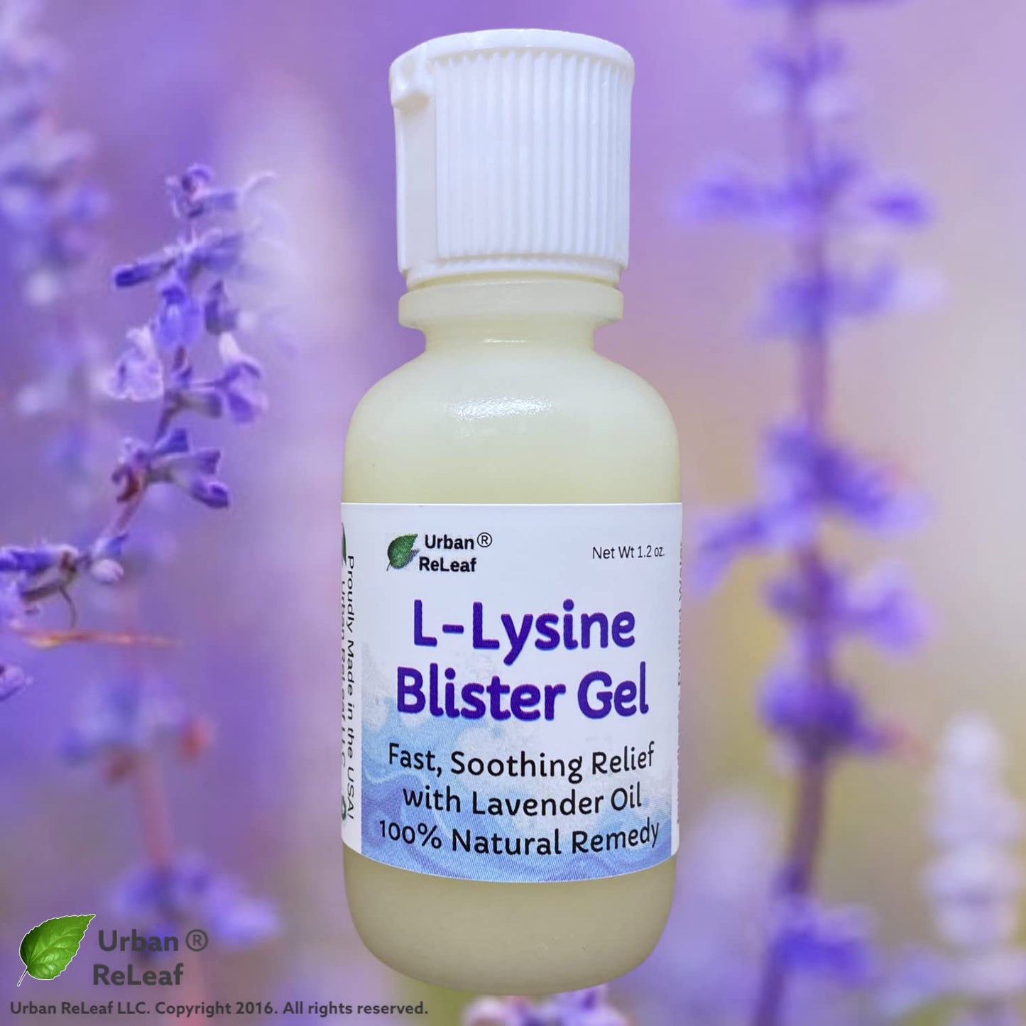 Urban ReLeaf L-Lysine Blister Soothing Gel alongside natural lavender oil ingredients highlighting the plant based formula.